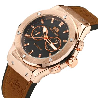 China Genuine Luxury Self Automatic Casual Wind Calendar Week Rose Gold Silver Black Case Leather Strap Date Mechanical Watch For Men for sale