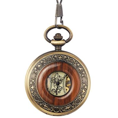 China New Men's Women's Watches Gift Fashion Mechanical Wood Pocket Watch Antique Cavity Bronze Automatic Skeleton Dial With Chain Necklace for sale