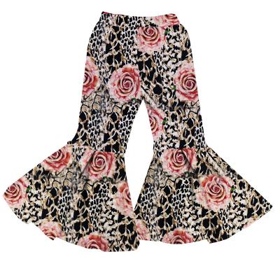 China HOT SALE Anti-wrinkle Kids Bell Bottom Pants Comfortable Leopard And Rose Printed Flared Trousers For Child for sale