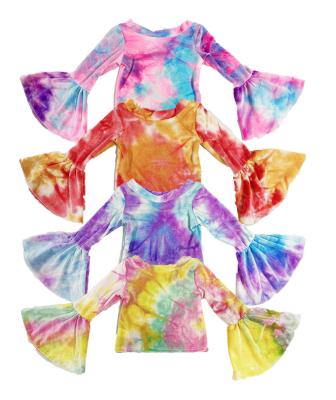 China New Arrival RTS Breathable Kids Fashion Shirts Long Sleeve Girl's Tie Dye Velvet Bell Tops for sale