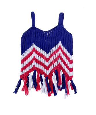 China Anti-Wrinkle Fashion Fourth Of July Girls Tops Blue And Red Tassel Sweaters Patchwork Kid Sweaters For Kids for sale