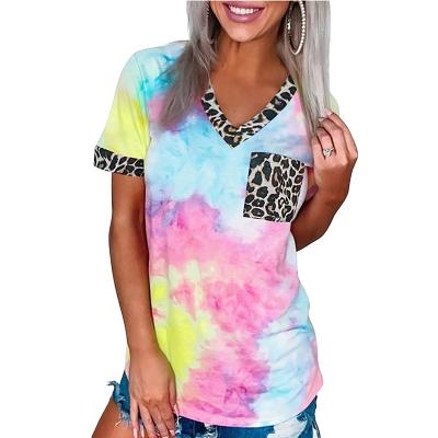 China Anti-wrinkle Women's Style Fashion Women New Rainbow Colorful V-Neck Short Sleeve Leopard Printed 5 Colors Tie Dye Casual T-Shirts for sale