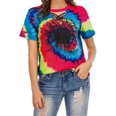 China Wholesale Hot Sexy Women Summer OEM Anti-wrinkle Cross V-Neck Tie Dye Sunflower Loose T-shirt For Daily Life for sale