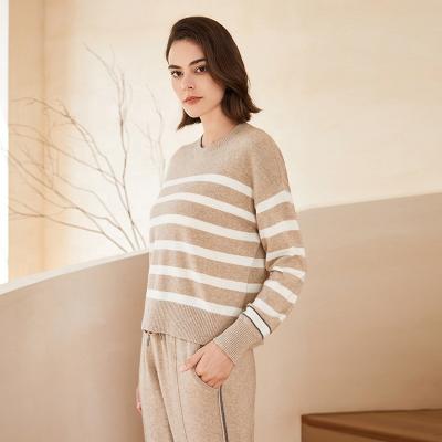 China Breathable 50% Wool 50% Cashmere Knitwear Women's Long Sleeve Striped Pullover Sweater for sale