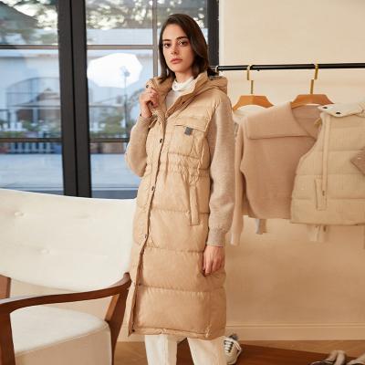 China Breathable Cashmere wool splicing long women's white goose down hooded down jacket for sale