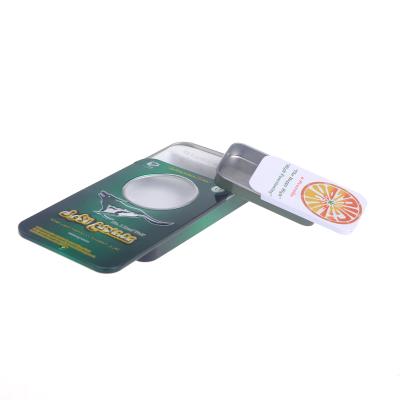 China Small Recycled Materials Rectangle Health Care Products Sliding Packaging Tin Box With Round Window for sale