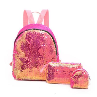 China Exslusive Design Cool-For-School Style 3pcs/set Waterproof Shiny Sequin Backpack with Pencil Bag and Wallet, Sequin Shoulder Bag Backpack for sale