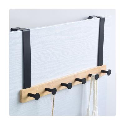 China Workable Punch Free Bamboo Base Over The Door Towel Hook Hanger Hanging Bathroom With 6 Stainless Steel Coat Hooks for sale