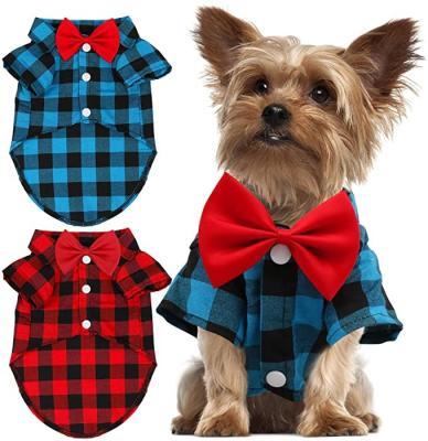 China Cute Plaid Outfit Pet Doggie Apparel T-shirt Wedding Dress Dog Breathable Stocked Clothes And Bow Tie Combo for sale