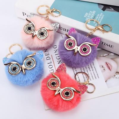 China Eco-Friendly Key Chain Charms Big Eyes Owl Fur Ball Pendant Key Ring Accessories Keychain Imitation Rex Rabbit Fur Ladies Bag For Girls for sale