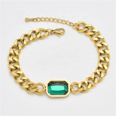 China Fashionable Stainless Steel Waterproof Jewelry Cuban Zircon Chain Green Bracelet Charms Gold Plated Bracelet for sale