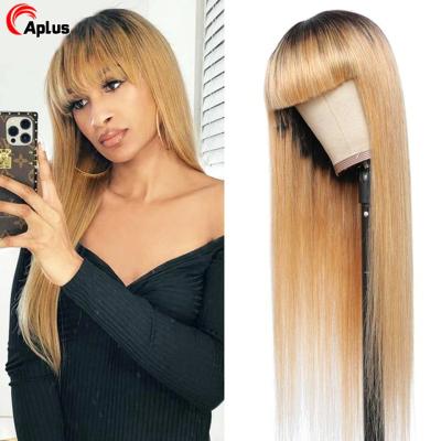 China Wholesale Cheap Raw Straight Design Brazilian Silky Straight Wave Preplucked 12A Color Ombre Lace Front Women's Wigs For Black With Bangs for sale