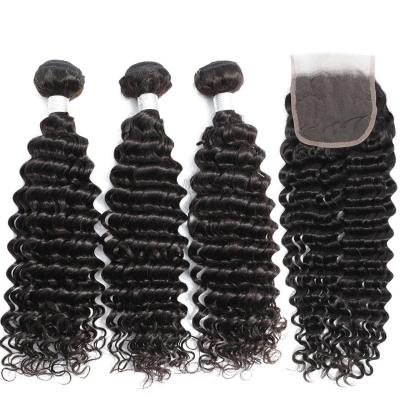 China Deep Wave Deep Wave Bundles With Closure Wholesale 10a Grade Hair Peruvian Virgin Hair Bundles With Lace Closure for sale