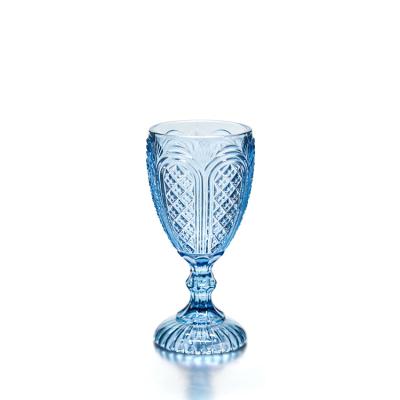 China Wholesale Cheap Vintage Champagne Wedding Water Goblets Price Colored Blue Amber Water Wine Cups Colored Glassware Pink Goblets for sale