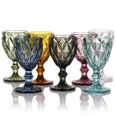 China Vintage Colored Wine Glasses Cup Wine Drinking Glasses Crystal Colored Embossed Wine Glass Lead Free Vintage Wine Glass Goblets for sale