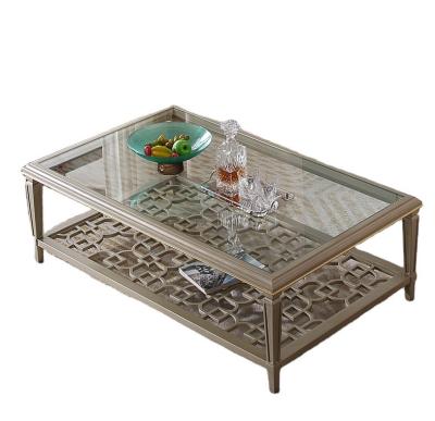 China Luxury Center Coffee Table Champagne Color Solid Wood Modern Glass Top American Style Table Tempered Glass Top for sale