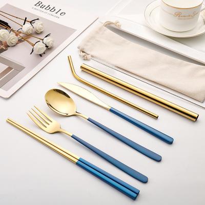 China Travel Viable Portable Flatware Gift Set SS304 Colorful Cutlery Set Straw 6 Pcs Knife Spoon Fork Chopsticks for sale