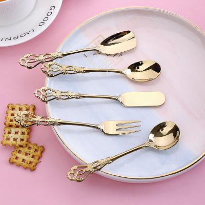 China 18/10 Royal Gold Luxury Cutlery Cake Fork Server Set Cheese Viable Butter Knife For Wedding Events Stainless Steel Dessert Spoon for sale