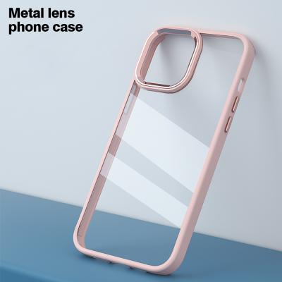 China Crystal Clear Shockproof Shockproof Cover with Metal Side Button and Aluminum Camera Protector Cell Phone Case for iPhone 13 12 pro max for sale