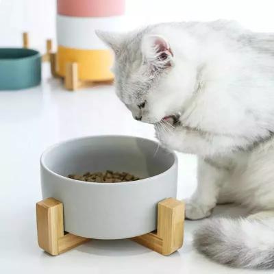 Chine Ceramic Pet Food Bowl Dog Feeder With Bamboo Stand For Pet Dog Cat à vendre