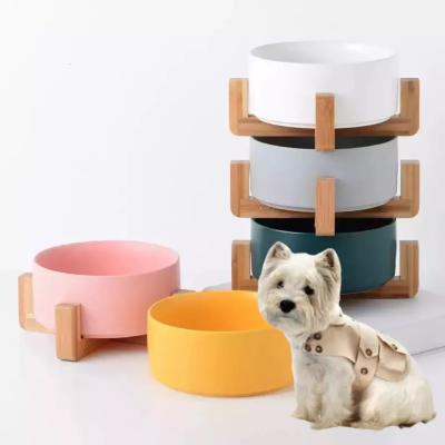 中国 Wholesale Manufacture Unique Dog Cat Food Bowl Ceramic Pet Feed Bowl With Wooden Stand Pet Food Drinking Bowl Dish 販売のため