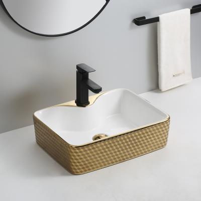 China Factory Price Outdoor Washroom Electeoplate Sanitary Ware Rectangle Vessel Sinks Gold Ceramic Shiny Countertops Modern Wash Basin Bathroom Sink for sale