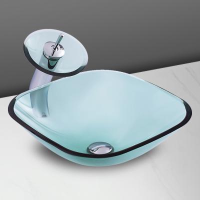 China Blue Art Basins Wash Hand Basins Bathroom Sink Modern Tempered Glass Square Crystal Glass Sink for sale