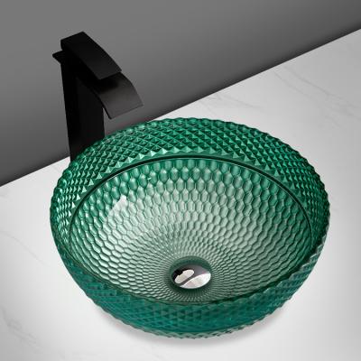 China Modern Colored Basin Countertops Art Glass Round Shape Green Color Wash Basin Bathroom Crystal Glass Sinks for sale