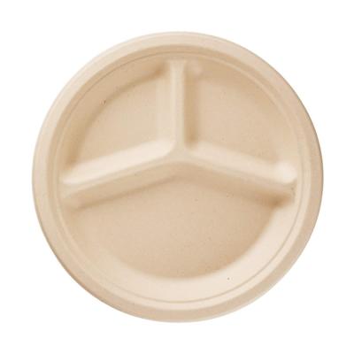 China Disposable Restaurant Tableware 3 Compartment Pure Color Disposable Biodegradable Bamboo Fiber Dish for sale