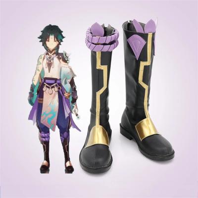 China Impact Xiao Cosplay Shoes Polyester Genshin Cosplay Wig Mixed Dark Green Blue Impact Xiao Short Hair Genshin Costumes for sale