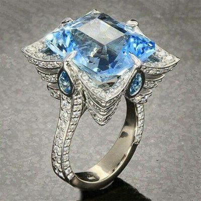 China 2021 Princess Lady Girls Large Light Blue Punk Cut Zircon Rings Exaggerated Cubic Silver Women Rings for sale