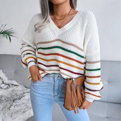 China 2021 Anti-wrinkle Sweaters Women's Sweaters 2021 Fashion Striped V-Neck Long Sleeve Knitted Sweaters For Women Jumper Clothes Dropshipping for sale