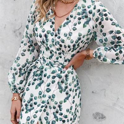 China Lady Printing Anti-static Hot V-Neck Summer Long Sleeve Dress Women Maxi Mini Dress Party Dresses Sexy for sale