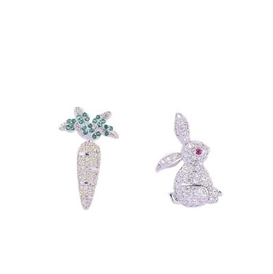 China Cute Fashion 925 Needle Korean Silver Zircon Earrings Asymmetric Rabbit Fruit Stud Earring Ear Jewelry for sale