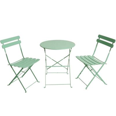 China Light Weight 3 Pcs Foldable Bistros Green Outdoor Stylish Folding Table Seats With One Round Folding Coffee Table Two Chairs for sale