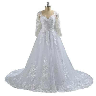 China White A line long sleeve lace tulle wedding dresses for sale