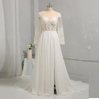 China Nude color chiffon A line slit skirt wedding dresses summer dresses for sale