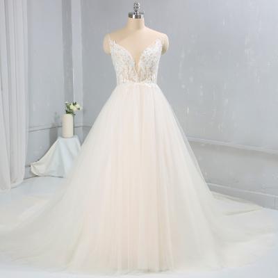 China light champagne v neck A line tulle wedding dresses for sale