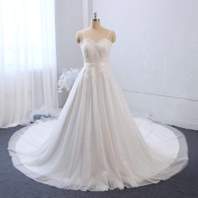 China White spaghetti straps shiny big A line shiny sparkling wedding dresses manufacturer for sale