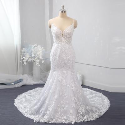 China White leaf lace mermaid bridal gown directly factory of wedding dresses with long tail for sale