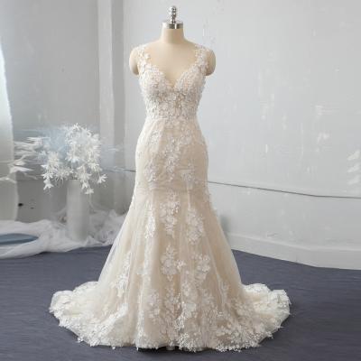 China Champagne fit and flare mermaid wedding gown with detachable overskirt two pieces wedding dresses for sale