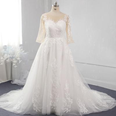 China Ivory skin color lace bodice 3/4 sleeves a line plus size big women wedding dresses for sale