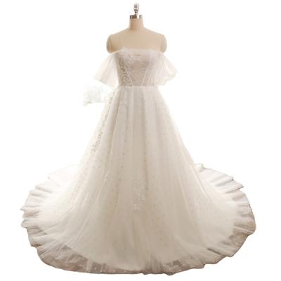 China 2021 New Design A Line Dot Tulle Long Tail Off Shoulder Sexy Light Wedding Dresses For Women for sale