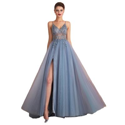 China Back closure Invisible zipper A line tulle split prom dress with sparkly beading top for sale