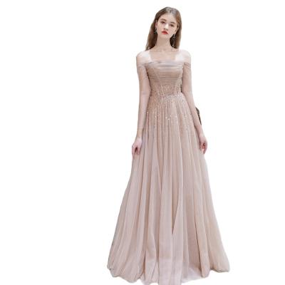 China 2021 Women Ladies Off Shoulder Sleeve Tulle Heavily Beading Luxury Maxi Prom Party Sequin Evening Dress for sale