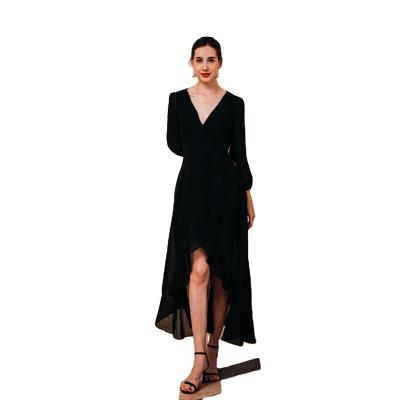 China 2021 Fashion design ladies new V-neck long Sexy party dress Women Black high low slit evening dresses for sale