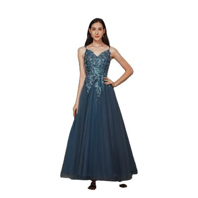 China A Line Floor Length Tulle Handmade Beaded Crystals Long Blue Bridesmaid Dresses With Straps for sale