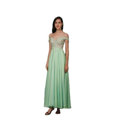 China Green Off-Shoulder Short Sleeve Good Quality Sexy Beaded Lace A Line Cheap Bridesmaid Party Dress for sale