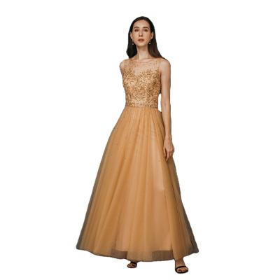 China Gold A-line Illusion Neck Sleeveless Covered Embroidery Bodice Dotted Tulle Bridesmaid Dresses for sale