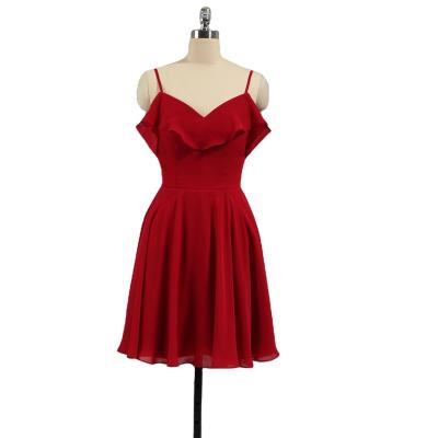 China Red chiffon V neck spaghetti straps knee length bridesmaid dresses for sale